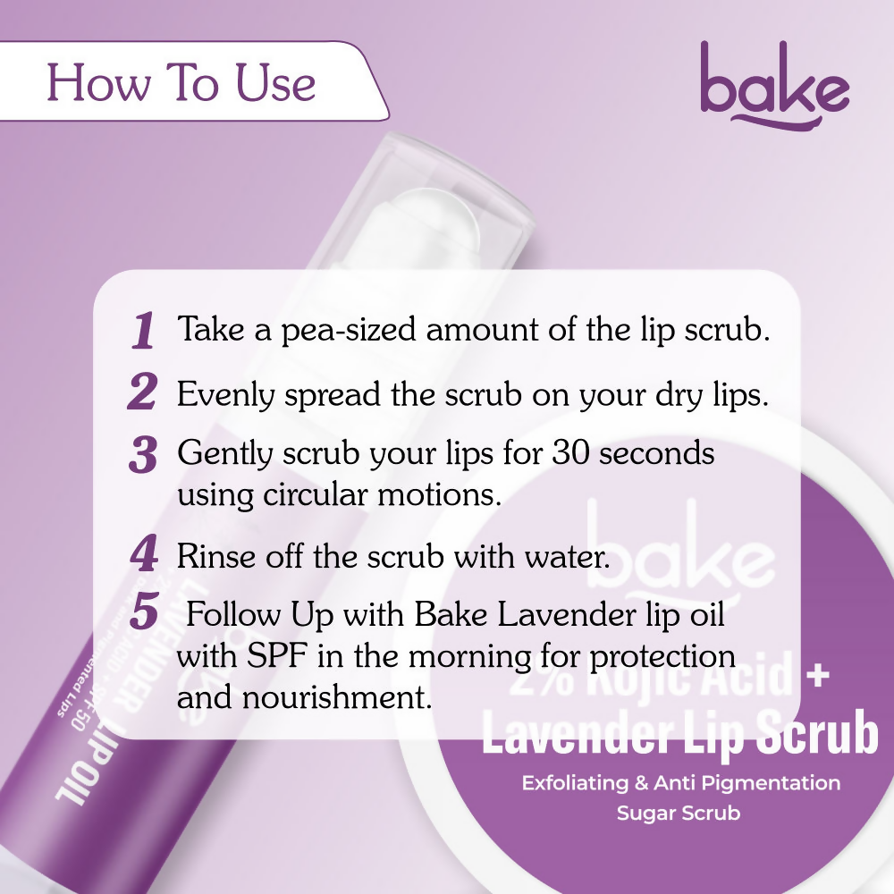 Bake Kojic Acid Lavender Lip Kit With Lip Balm SPF 50 & Lip Scrub For Dark & Pigmented Lips | Swadesiicart
