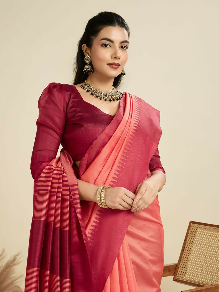 Vishnu Weaves Women's Gajri Raw Silk Thread Woven Saree with Blouse - Swadesiicart