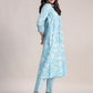 Aavyora Women's Sky Blue Floral Printed A-Line Kurta with Pintucks, Striped Pants & Dupatta Set