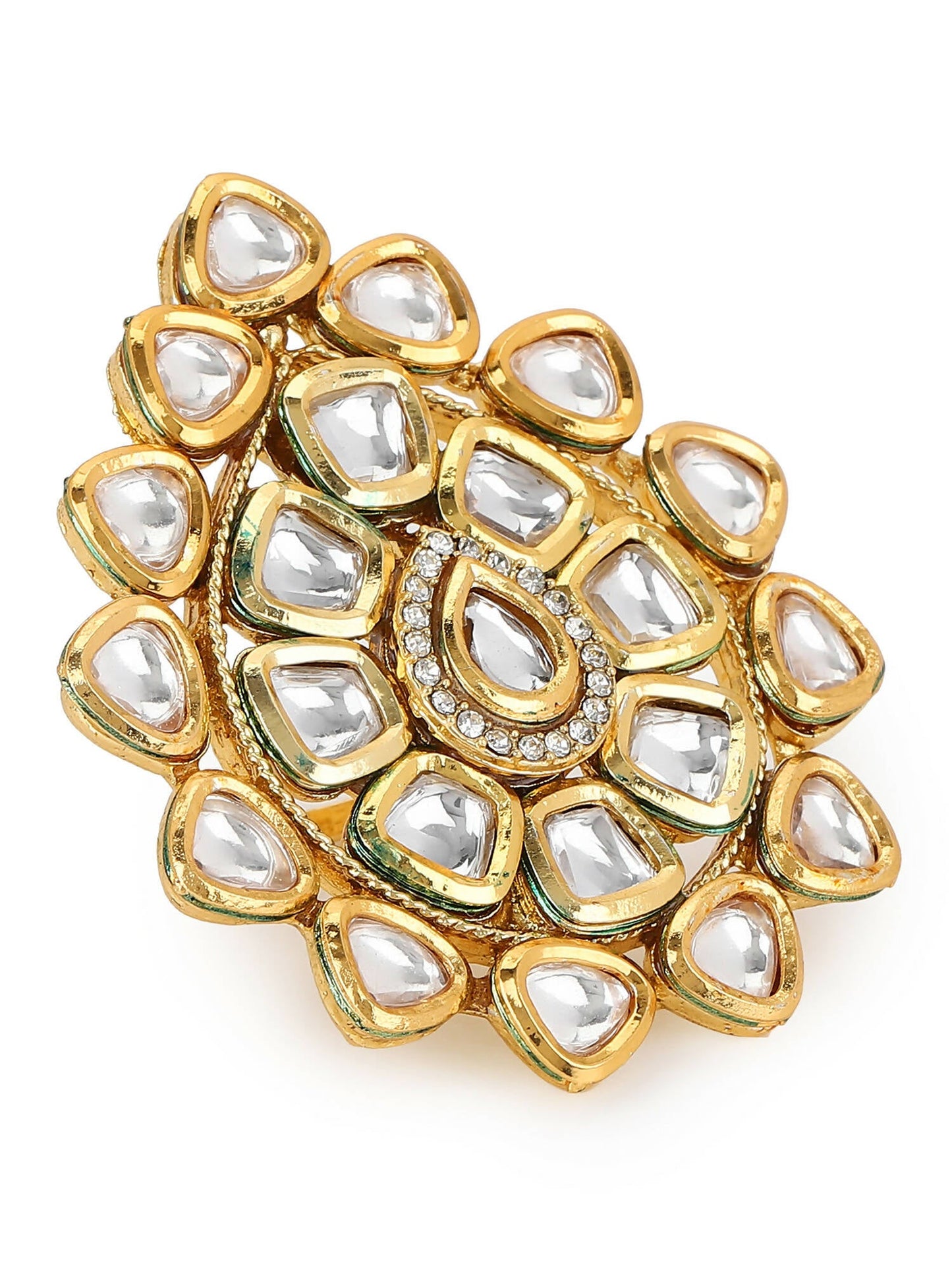 Gold-Polished White Kundan-Studded Adjustable Finger Ring - Ruby Raang | Swadesiicart