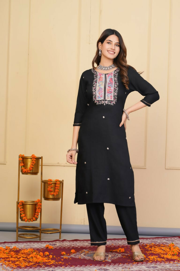 Black Rayon Slub Embroidered Stitched Suit With Dupatta - Tanisha | Swadesiicart