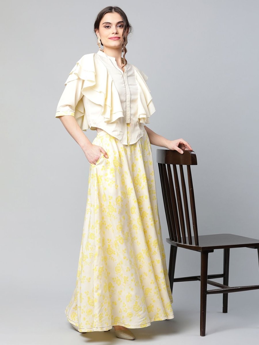 Ahalyaa Women Crepe Cream Solid Top with Printed Skirt with Ruffle Details | Swadesiicart