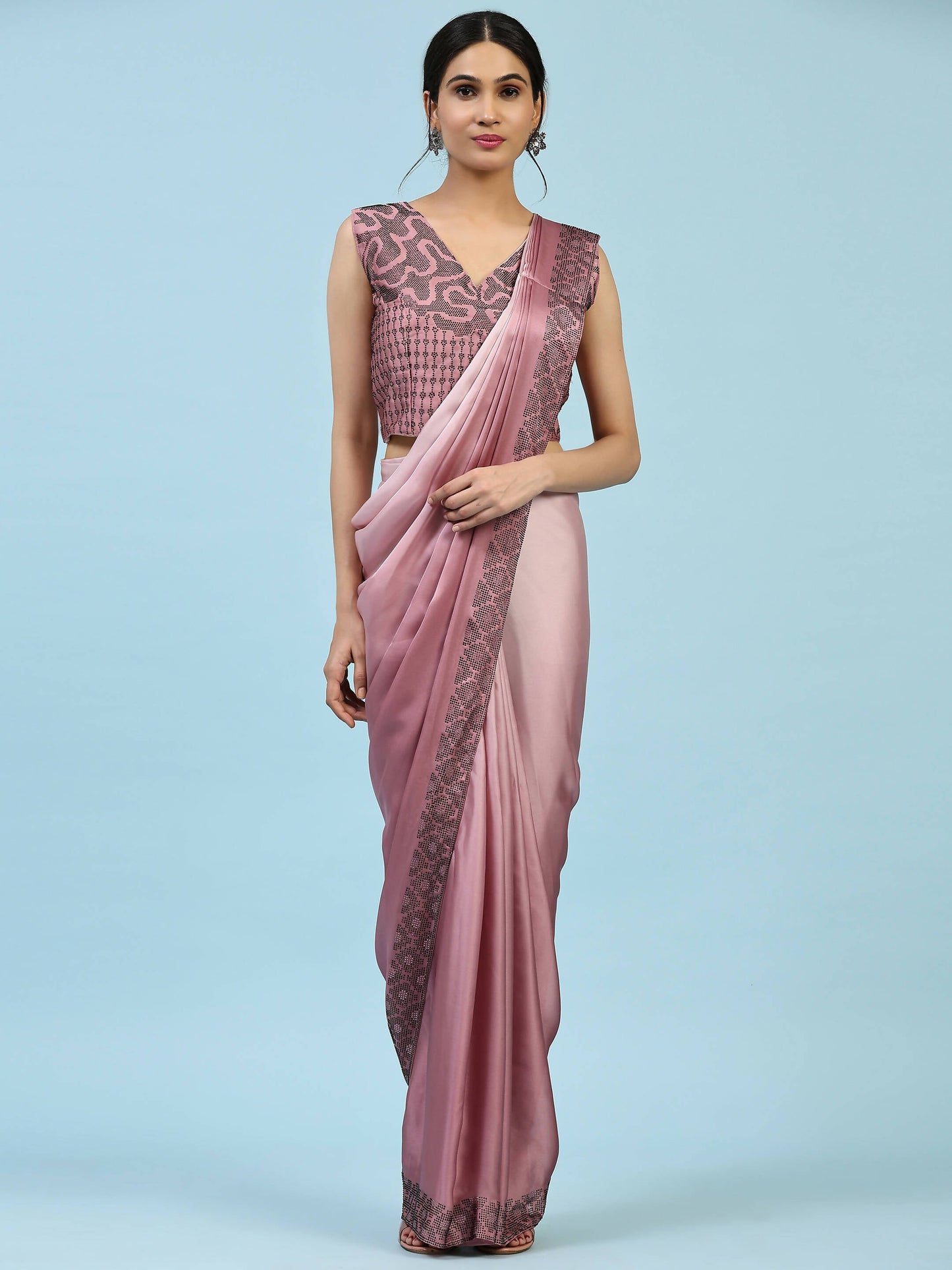 Purple Ombre Satin Georgette Plain Ready to wear Saree with stitched Blouse - Vrinda | Swadesiicart