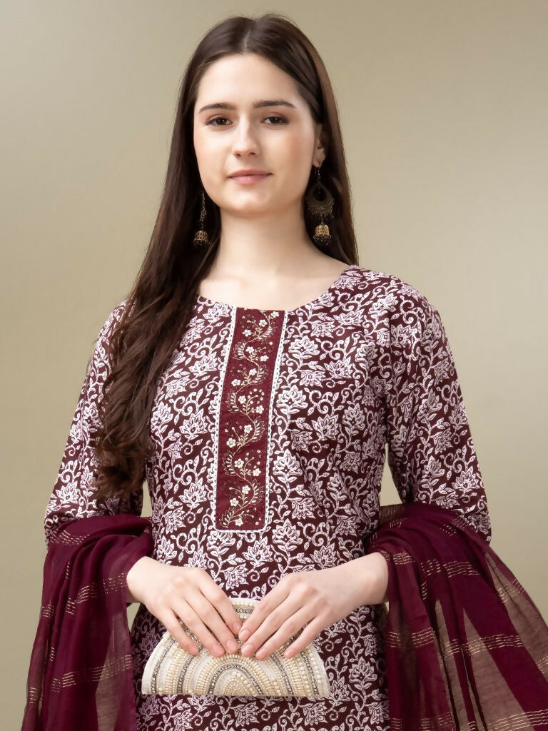 Jyoti Fashion Women's Maroon Rayon Embroidery & Sequence work Kurta with Trouser & Dupatta | Swadesiicart