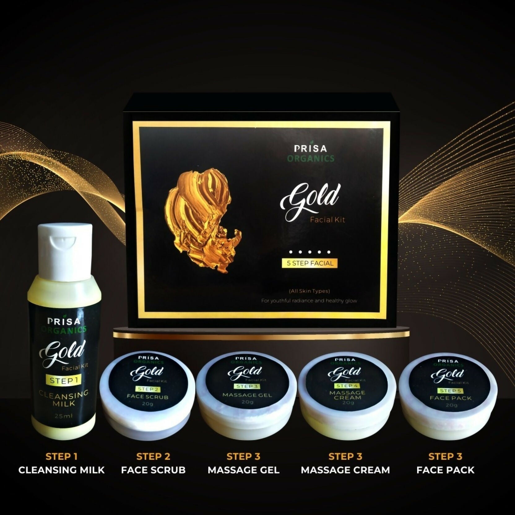 Prisa Organics Gold Facial Kit For Radiant & Glowing Skin - Cleanses & Rejuvenates Skin, Removes Dead Skin, Blackheads - Swadesiicart
