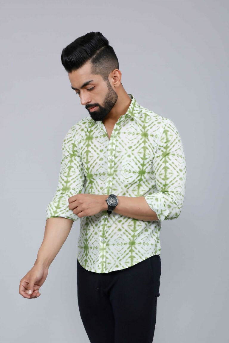 Miravan Men's Premium Green and White Slim Fit Tie Dye Cotton Shirt | Swadesiicart