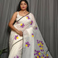 Exclusive Collection Beautiful White Purple Pure Cotton Hand Print Handloom Saree With Running Blouse Piece - Swadesiicart