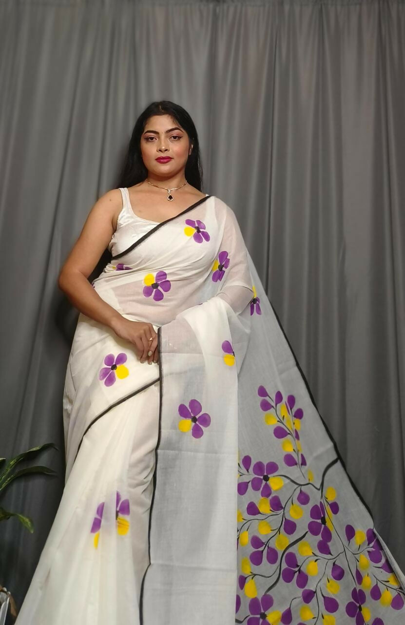 Exclusive Collection Beautiful White Purple Pure Cotton Hand Print Handloom Saree With Running Blouse Piece - Swadesiicart