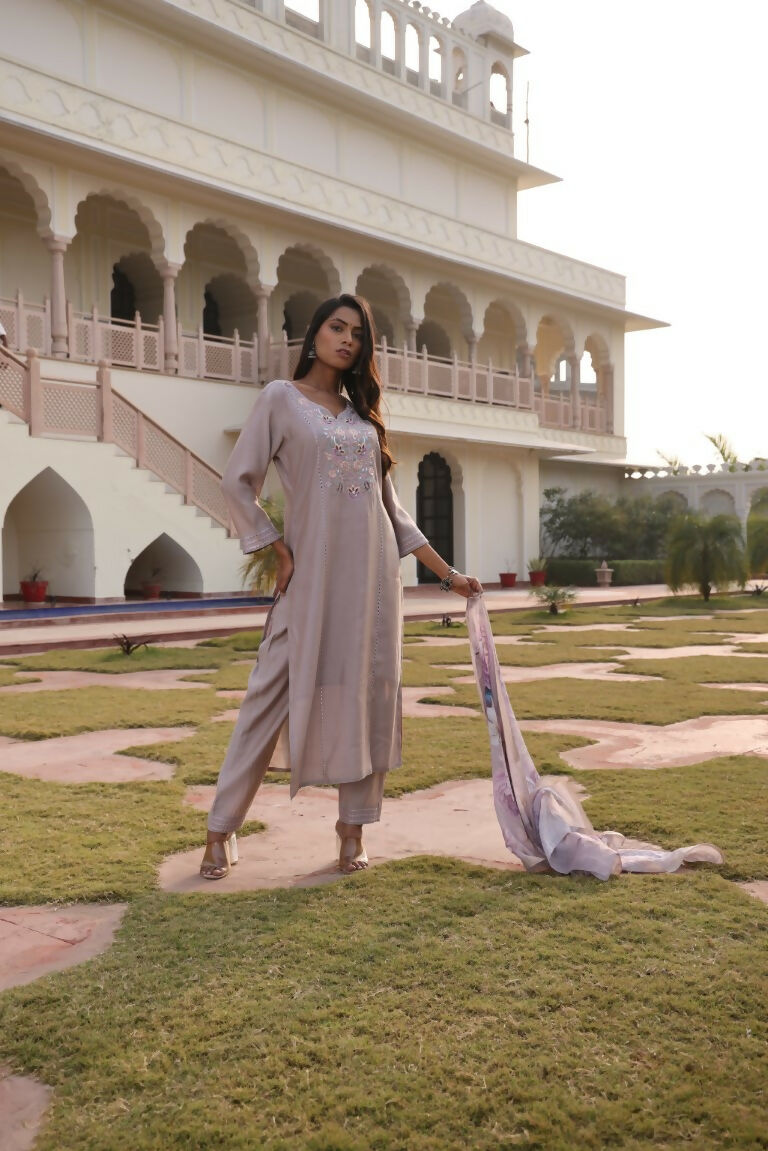 Jyoti Fashion Women's Beige Cotton Silk Hand Work with Floral Printed Kurta Set | Swadesiicart