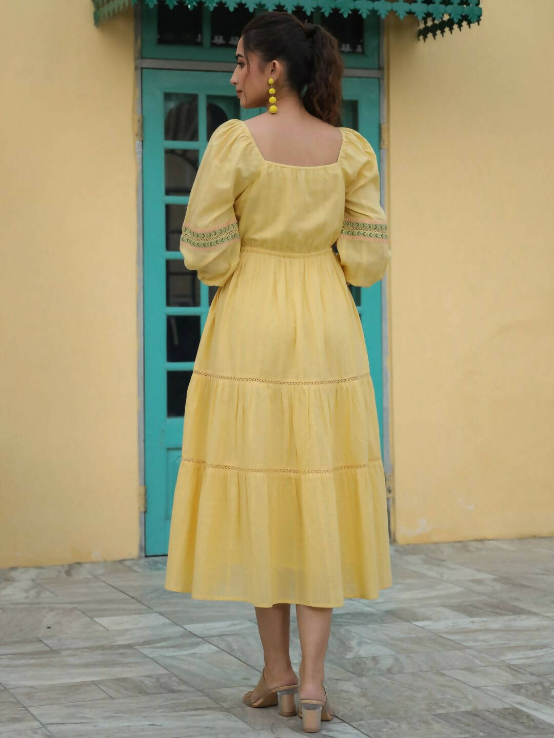 Juniper Women's Yellow Cotton Dobby Embroidered Flared Dress | Swadesiicart