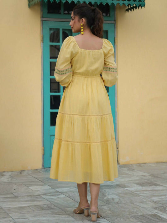 Juniper Women's Yellow Cotton Dobby Embroidered Flared Dress | Swadesiicart