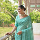 Vishnu Weaves Women's Sea-Green Handloom Raw Silk Woven Border Saree with Blouse - Swadesiicart
