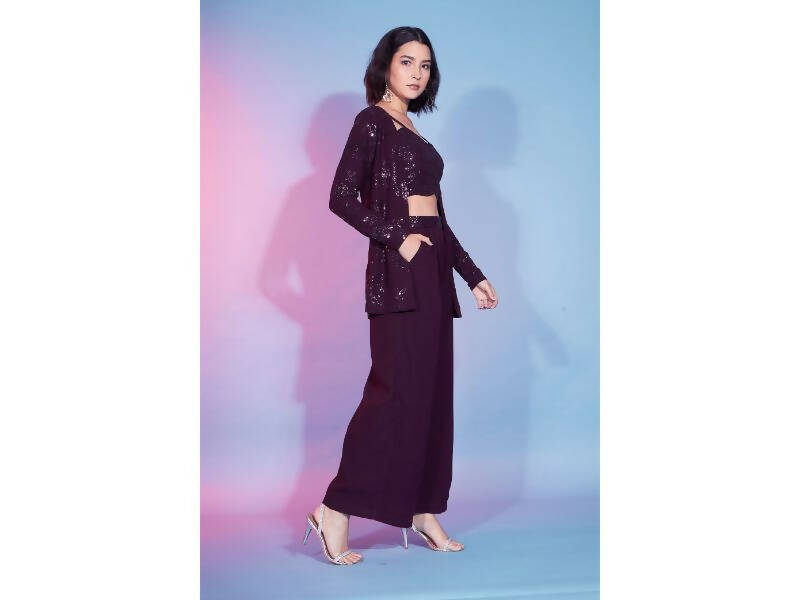 Maroon Georgette Sequence With Thread Designer Co-Ord Set - Flory - Swadesiicart