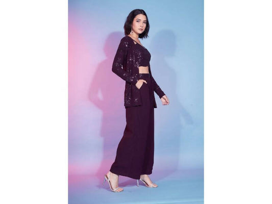 Maroon Georgette Sequence With Thread Designer Co-Ord Set - Flory - Swadesiicart