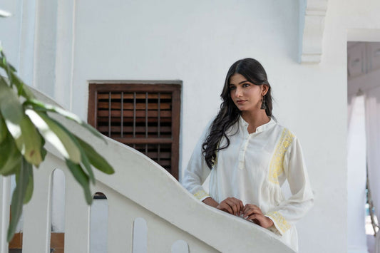 Zibaa Ivory & Yellow Muslin Short Chikankari Kurti - Swadesiicart