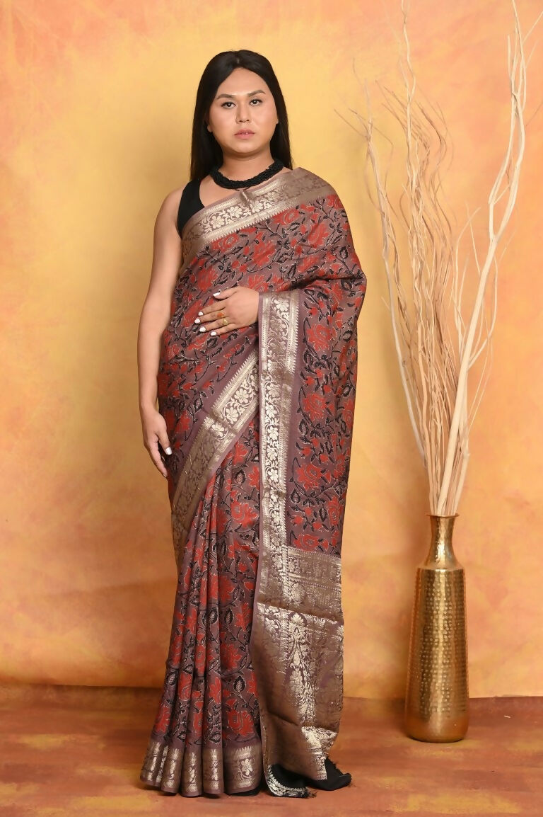 Very Much Indian Modal Silk Ajrakh Handblock Printed Natural Dyes With Designer Border Saree - Maroon | Swadesiicart