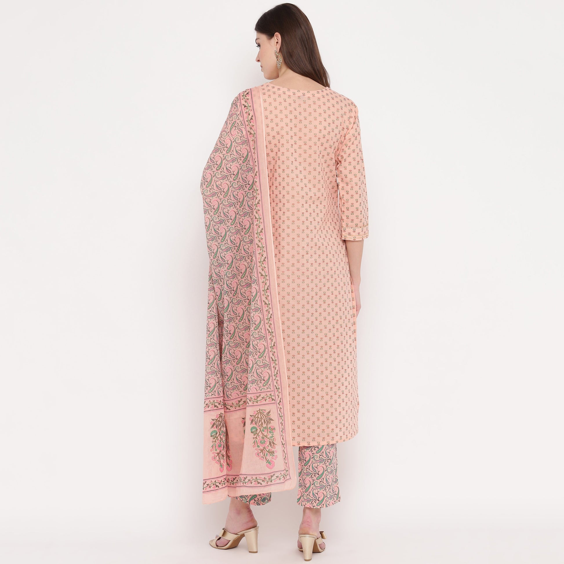 NOZ2TOZ Women's Foil Print & Gota Patti Work Straight Cotton Peach Kurta, Pant & Dupatta - Swadesiicart
