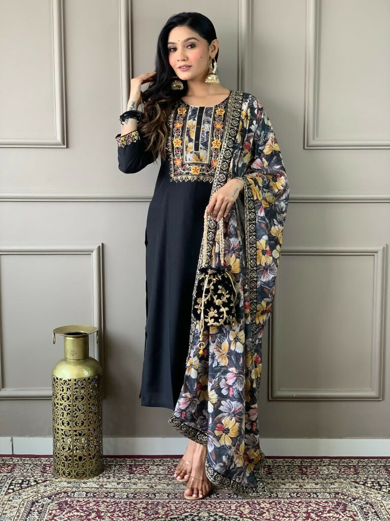 Partywear Designer Viscos Chanderi Black Stitched Suit With Dupatta - Tanisha | Swadesiicart