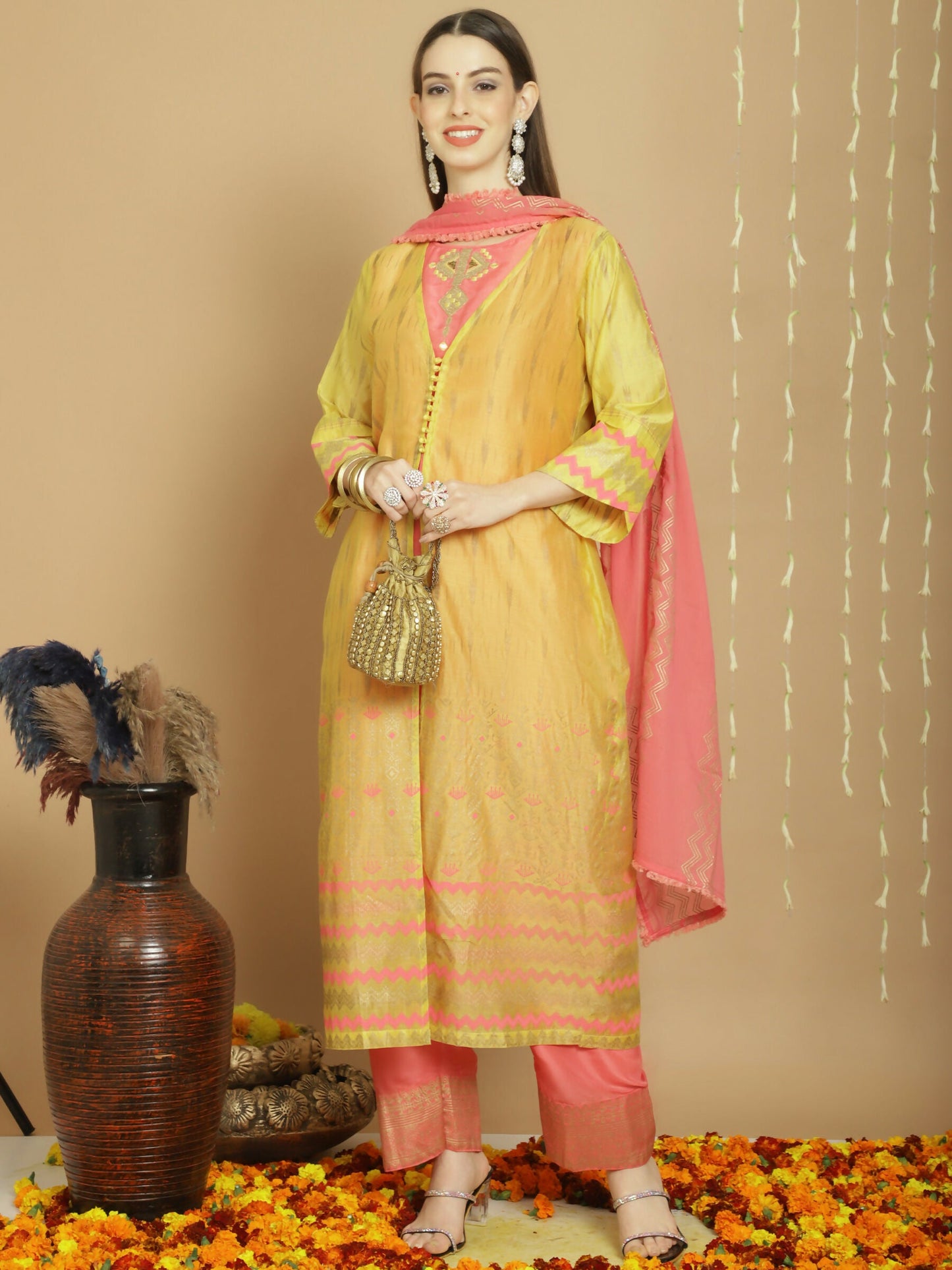 Jyoti Fashion Women's Yellow Chanderi Silk Elegant Jardoshi Semi Kurta with Trouser & Dupatta | Swadesiicart