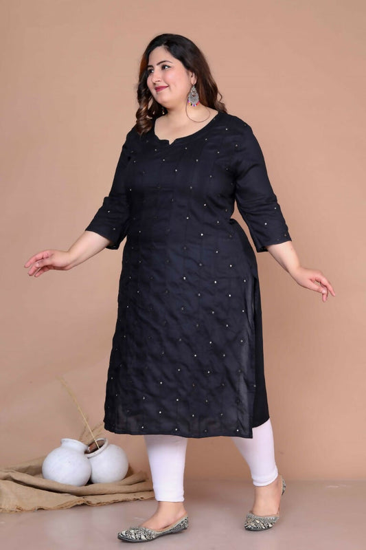 Miravan Women's Plus Size Black Mirror Work Embroidered Pakistani Straight Kurti - Swadesiicart
