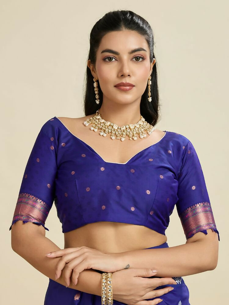 Vishnu Weaves Women's Royal-blue Banarasi Silk Zari Woven Saree with Blouse - Swadesiicart