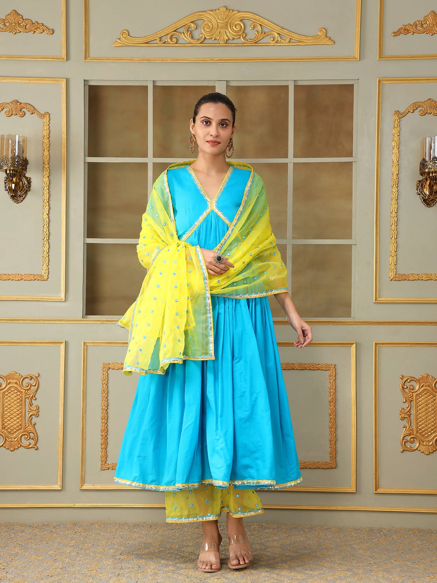 Pomcha Jaipur Blue Saadgi Blue Mirror Work Anarkali Set | Swadesiicart