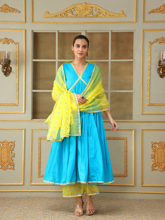 Pomcha Jaipur Blue Saadgi Blue Mirror Work Anarkali Set | Swadesiicart