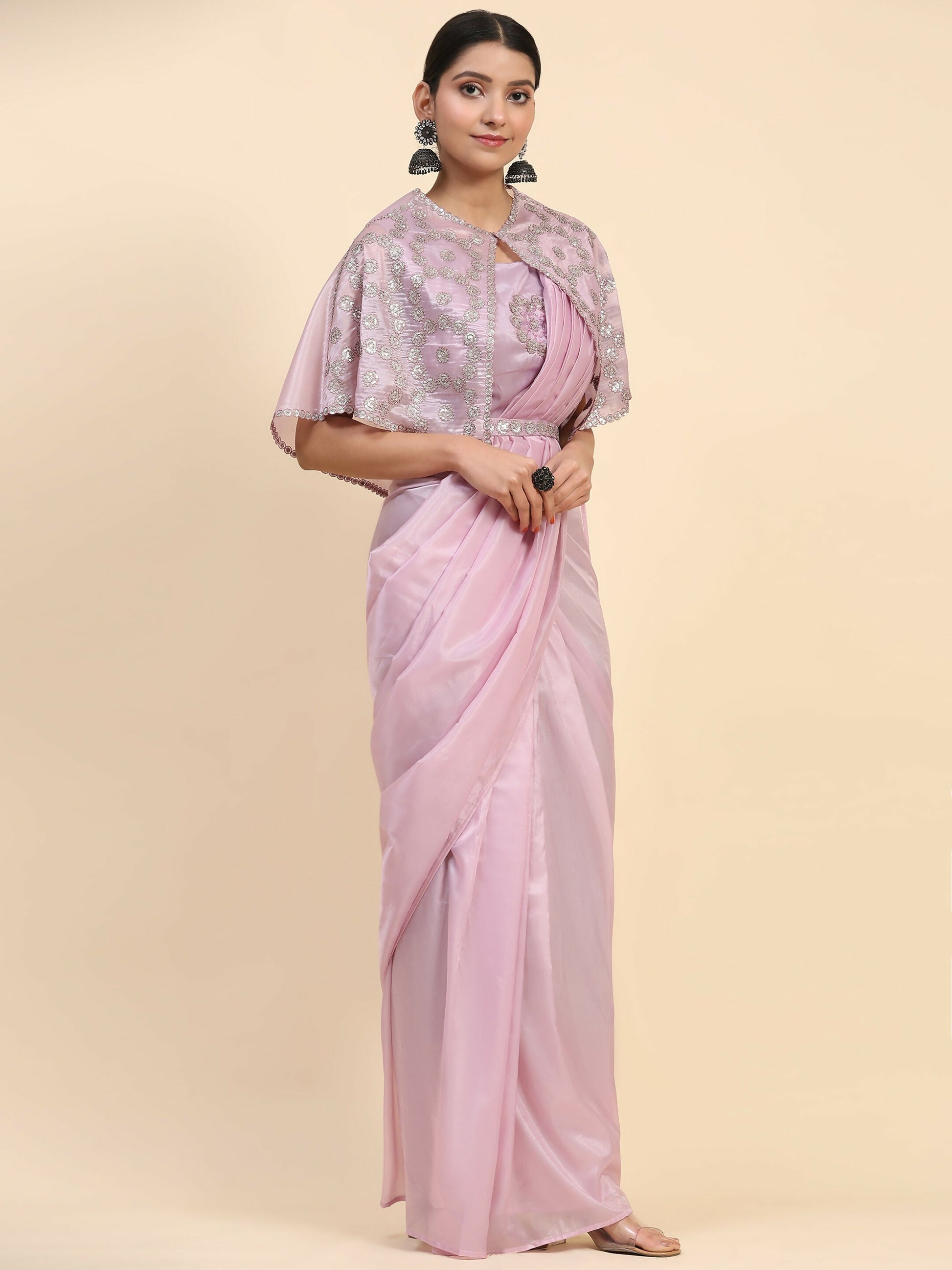Light Lavendar Satin Solid Ready to wear Saree with stitched Blouse - Vanita | Swadesiicart