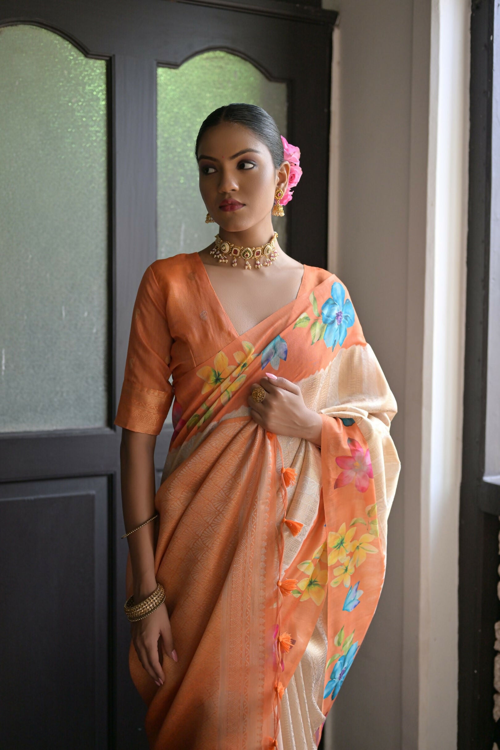 Vishnu Weaves Women's Orange banarasi Silk Saree with Blouse - Swadesiicart