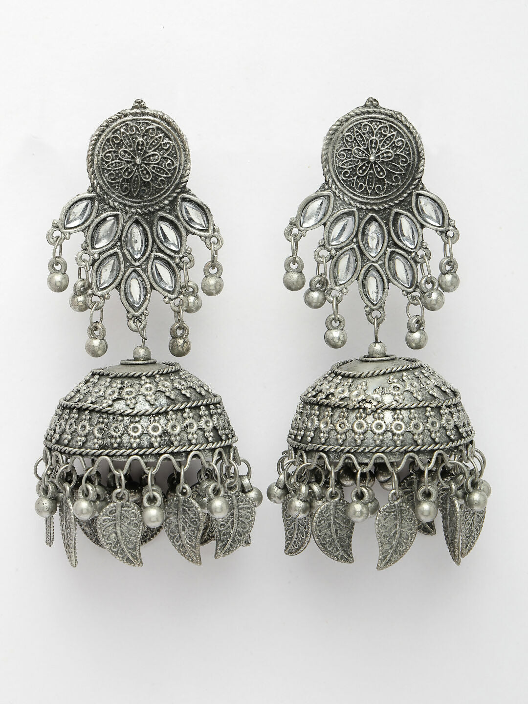 NVR Women's Silver-Plated Oxidised Artificial Stones Dome Shaped Jhumka Earrings | Swadesiicart