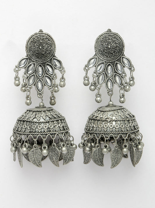 NVR Women's Silver-Plated Oxidised Artificial Stones Dome Shaped Jhumka Earrings | Swadesiicart