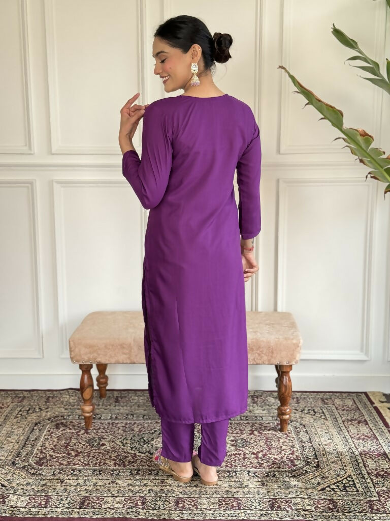 Purple Rayon Slub Stitched Suit With Dupatta - Tanisha | Swadesiicart