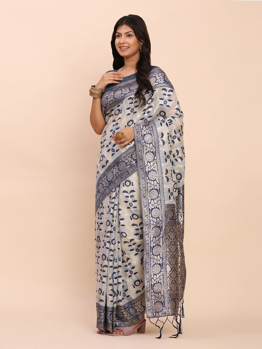 Shree Shyam Fashion Linen Cotton Navy Blue Saree