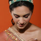 Gold-Polished Green Kundan Studded Headband - Ruby Raang | Swadesiicart