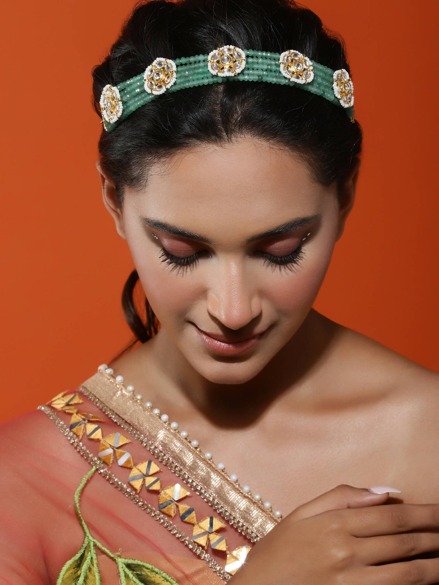 Gold-Polished Green Kundan Studded Headband - Ruby Raang | Swadesiicart