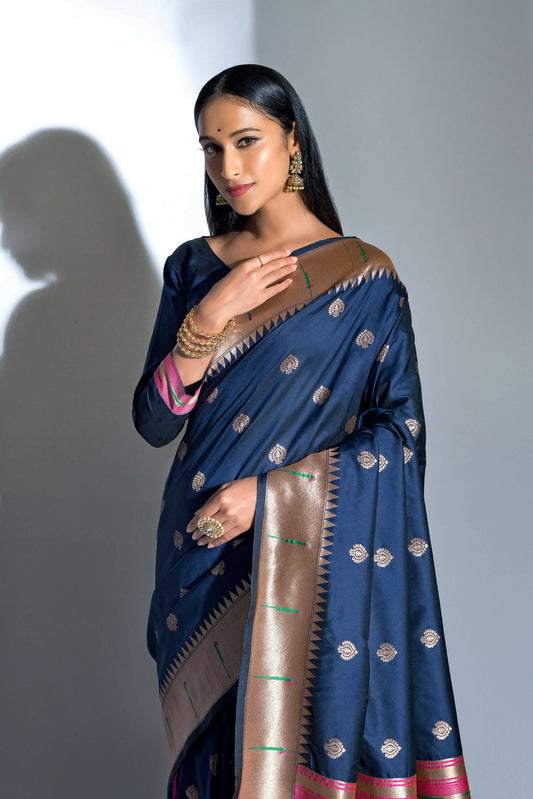 Vishnu Weaves Women's Blue Paithani Silk Zari Woven Saree with Unstitched Blouse - Swadesiicart