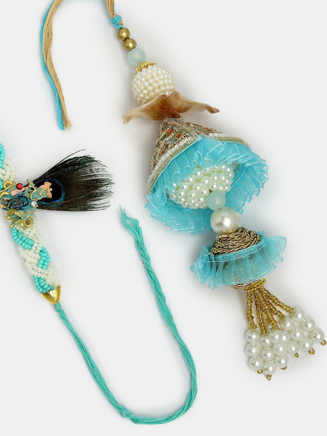 NVR Women & Men Set of 2 Blue Krishna Pearl Bhaiya Bhabhi Rakhi With Roli Chawal | Swadesiicart