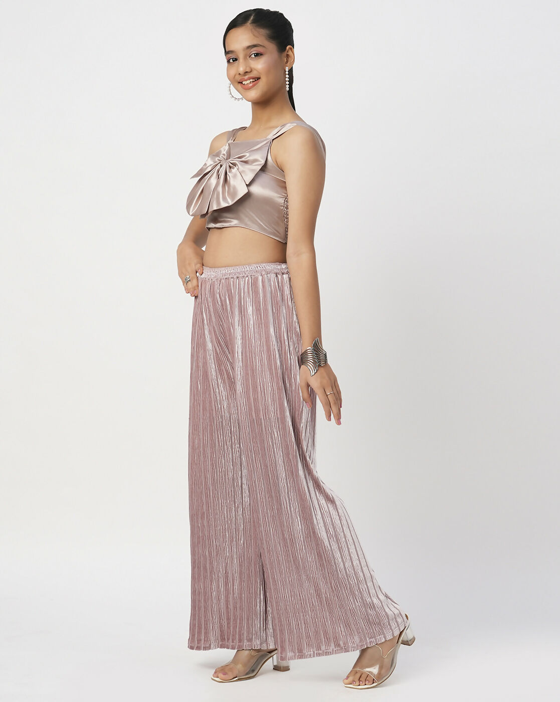 Lil Drama Glam Up Girls Grey Pant With Satin Top Party Co-Ordinate Set - Swadesiicart