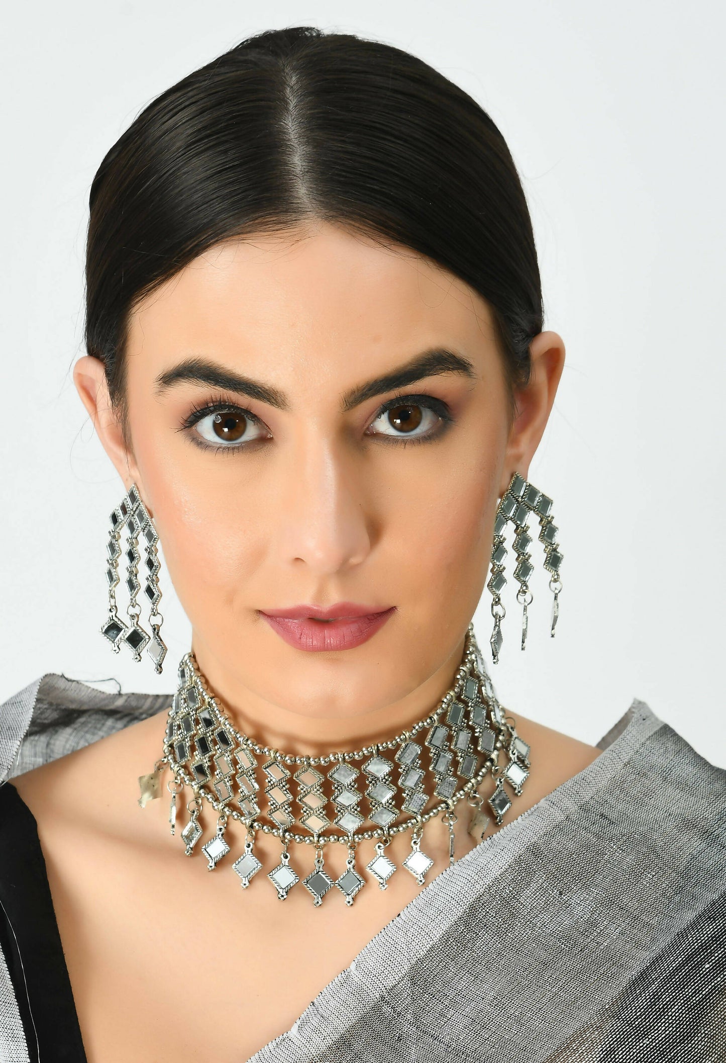 Mominos Fashion Johar Kamal Oxidised Silver-Plated Alloy Finish Mirror Choker For Women | Swadesiicart