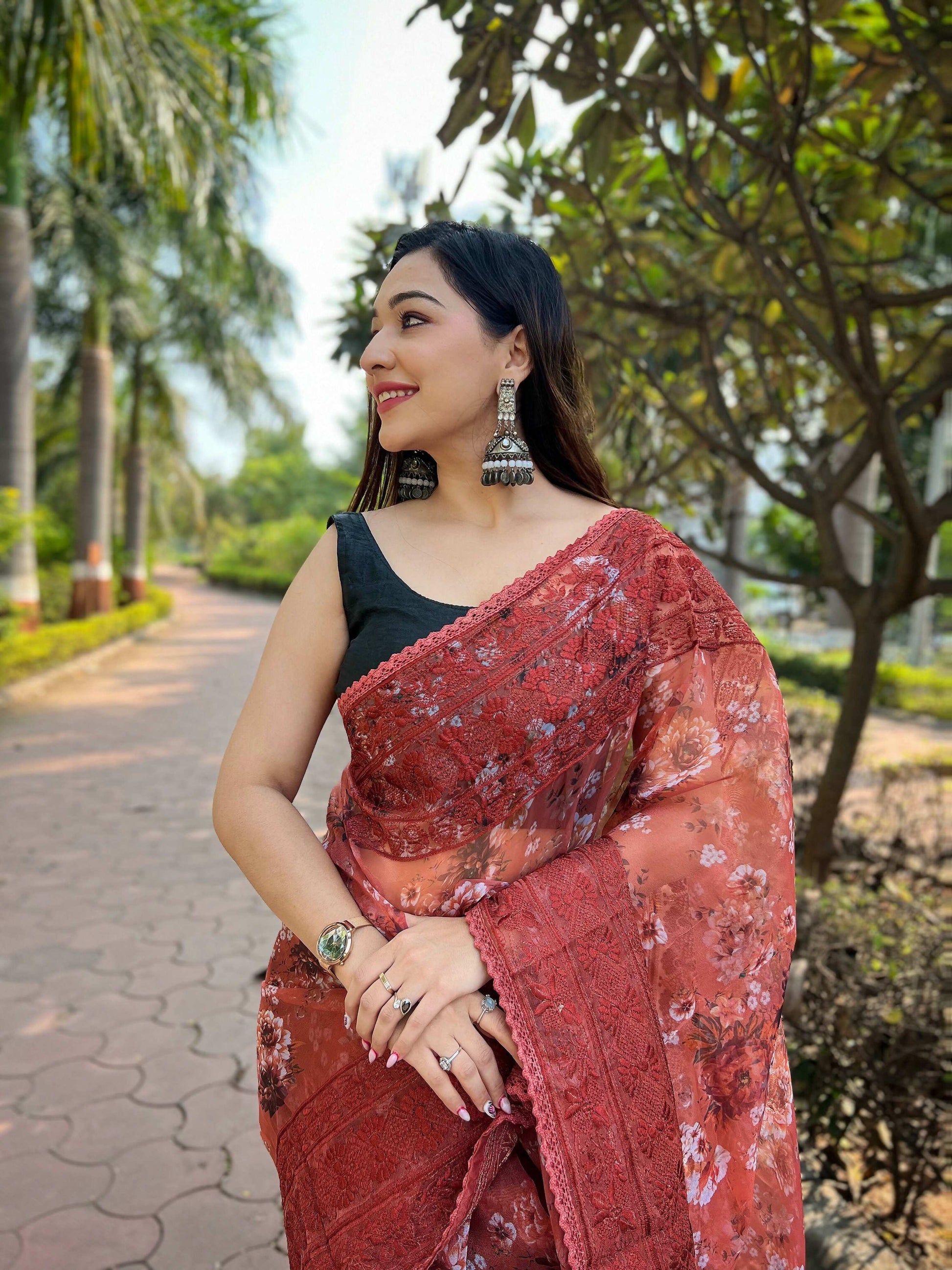 Vamsee Gunjan Red Organza Saree - Swadesiicart