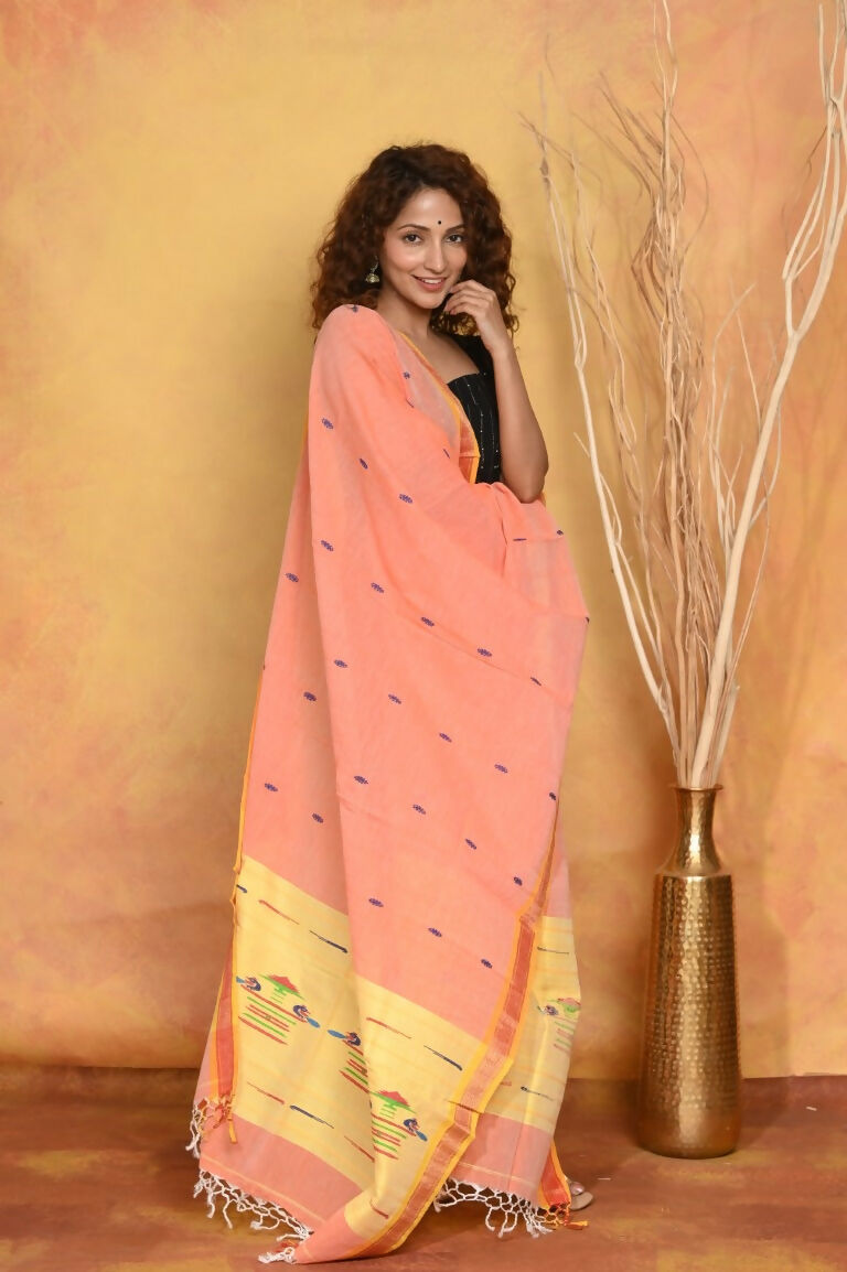 Very Much Indian Handloom Pure Cotton Paithani Dupatta Orange | Swadesiicart