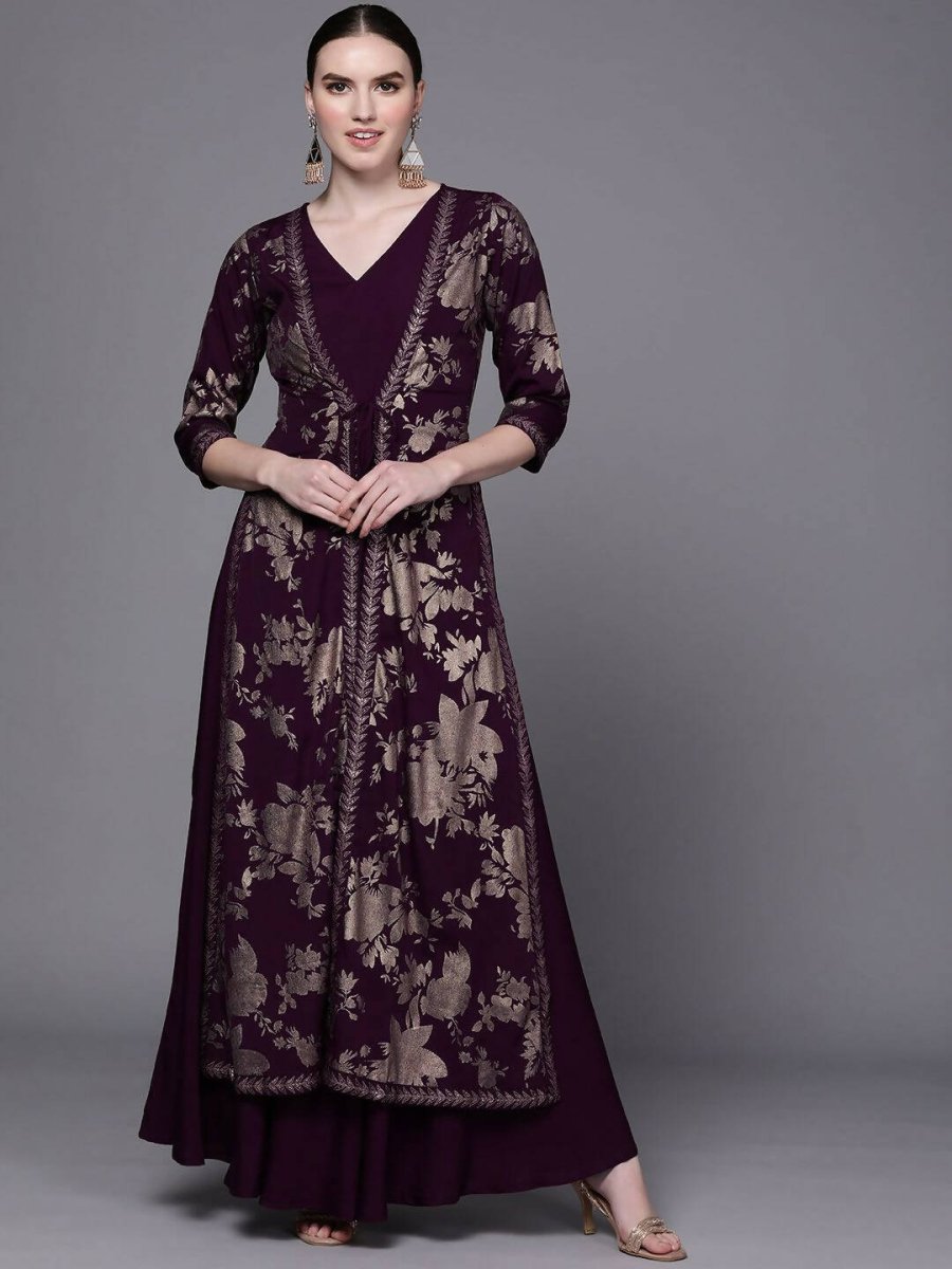 Ahalyaa Women Burgundy Floral Fit & Flare Maxi Ethnic Dress | Swadesiicart