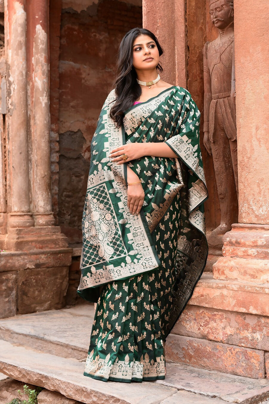 Joban Fashion Emerald Green Banarasi Katan Pure Handloom Banarasi Silk Saree | Swadesiicart