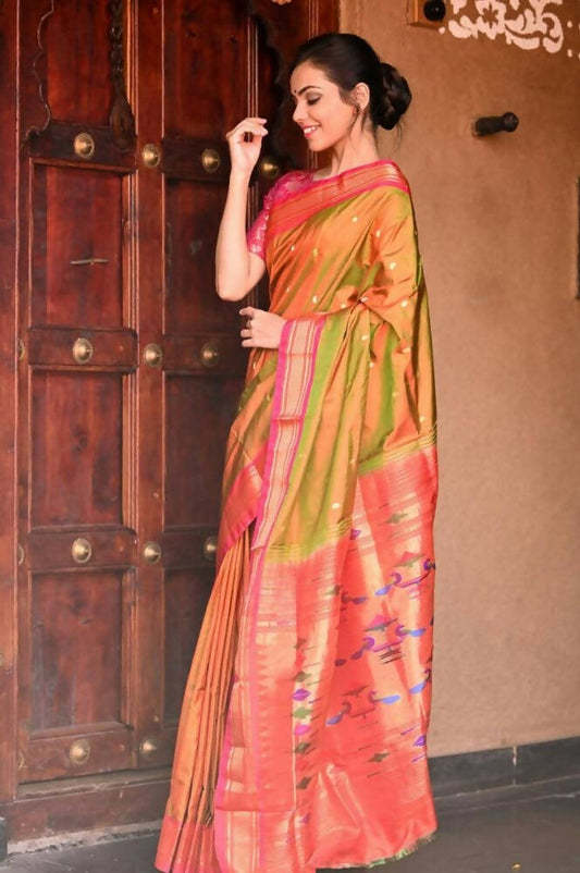 Very Much Indian Handloom Yeola Pure Silk Paithani - Dual Tone Green Pink | Swadesiicart