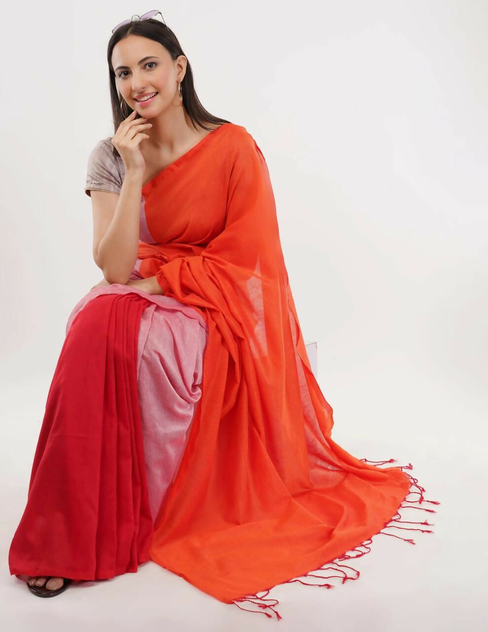 Exclusive Collection Beautiful Khadi Cotton Orange Light Pink Red Handloom Saree - Swadesiicart