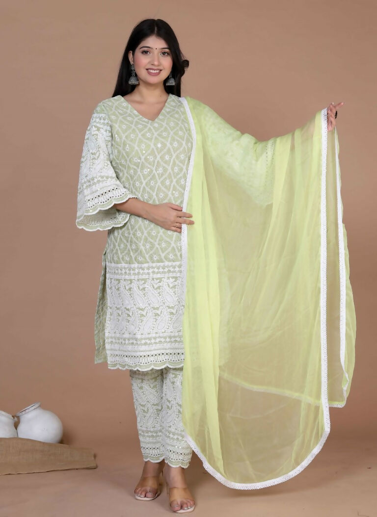 Miravan Women's Chikankari Embroidery Kurta And Palazzo With Dupatta | Swadesiicart