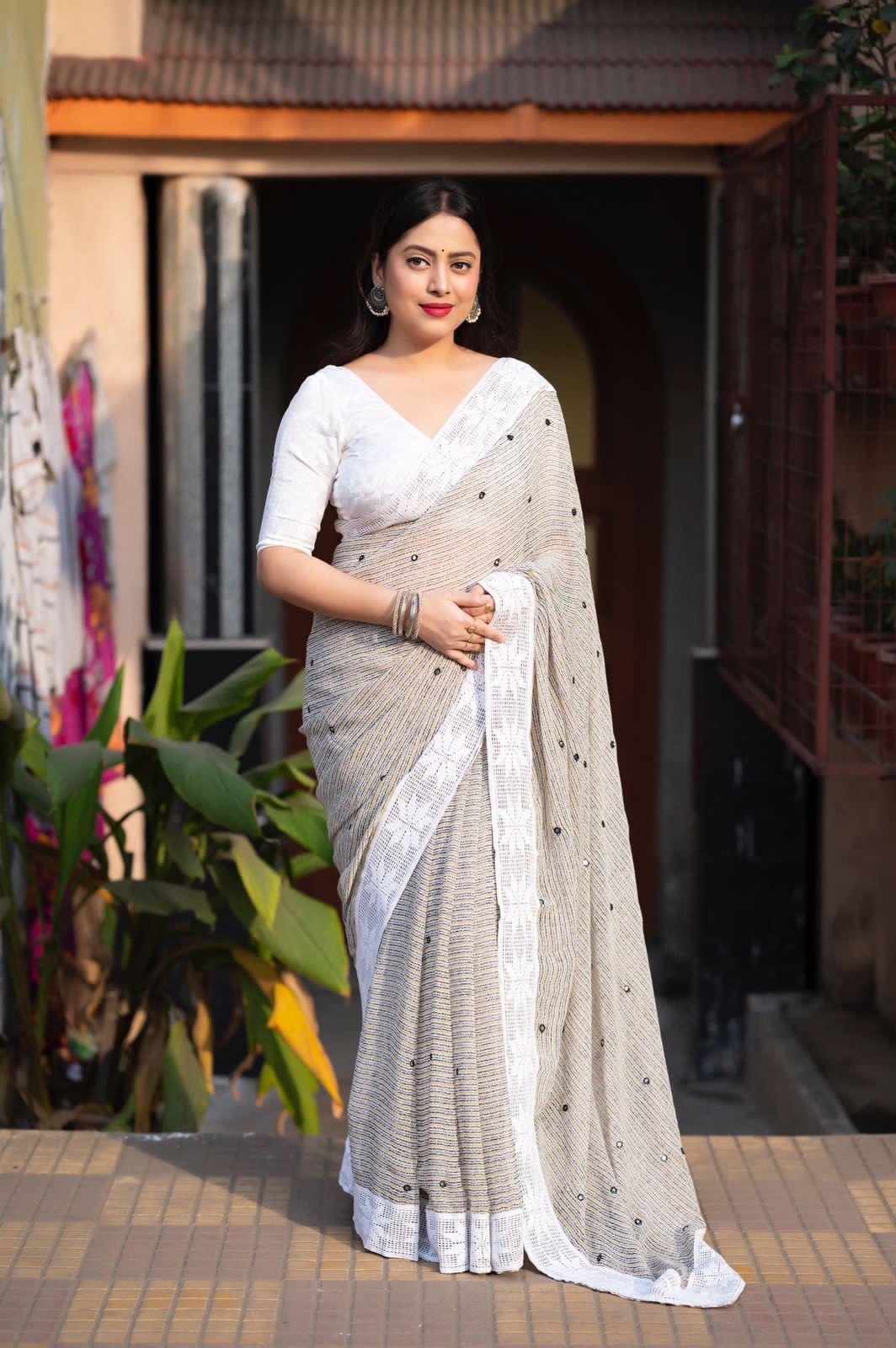 Grey Poly Georgette Ethnic Motifs Saree with Unstitched Blouse - Hiral Fashion | Swadesiicart