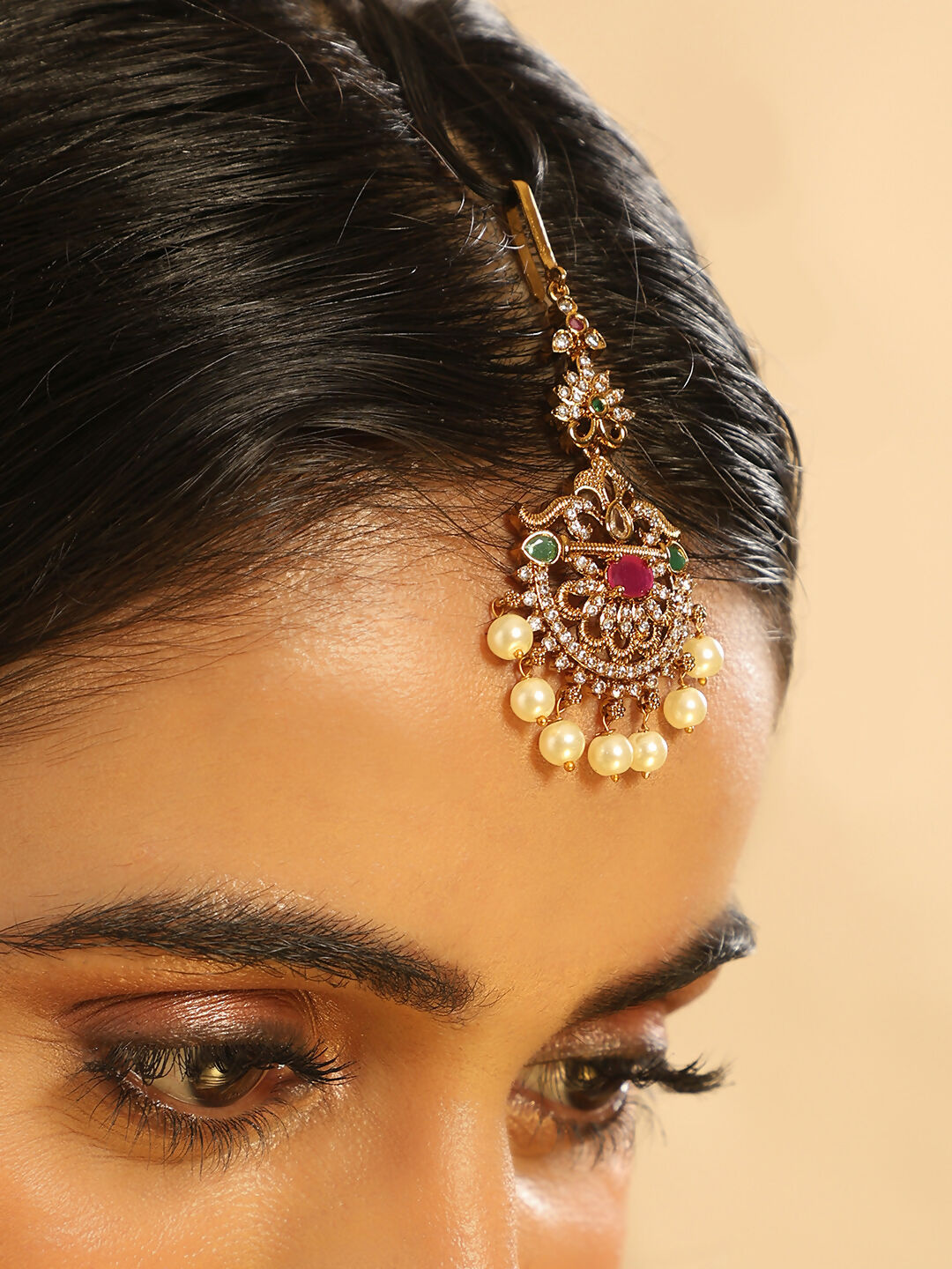 Nuyug 18K Gold Plated Ethereal Gulabi Stone Maang Tikka | Swadesiicart