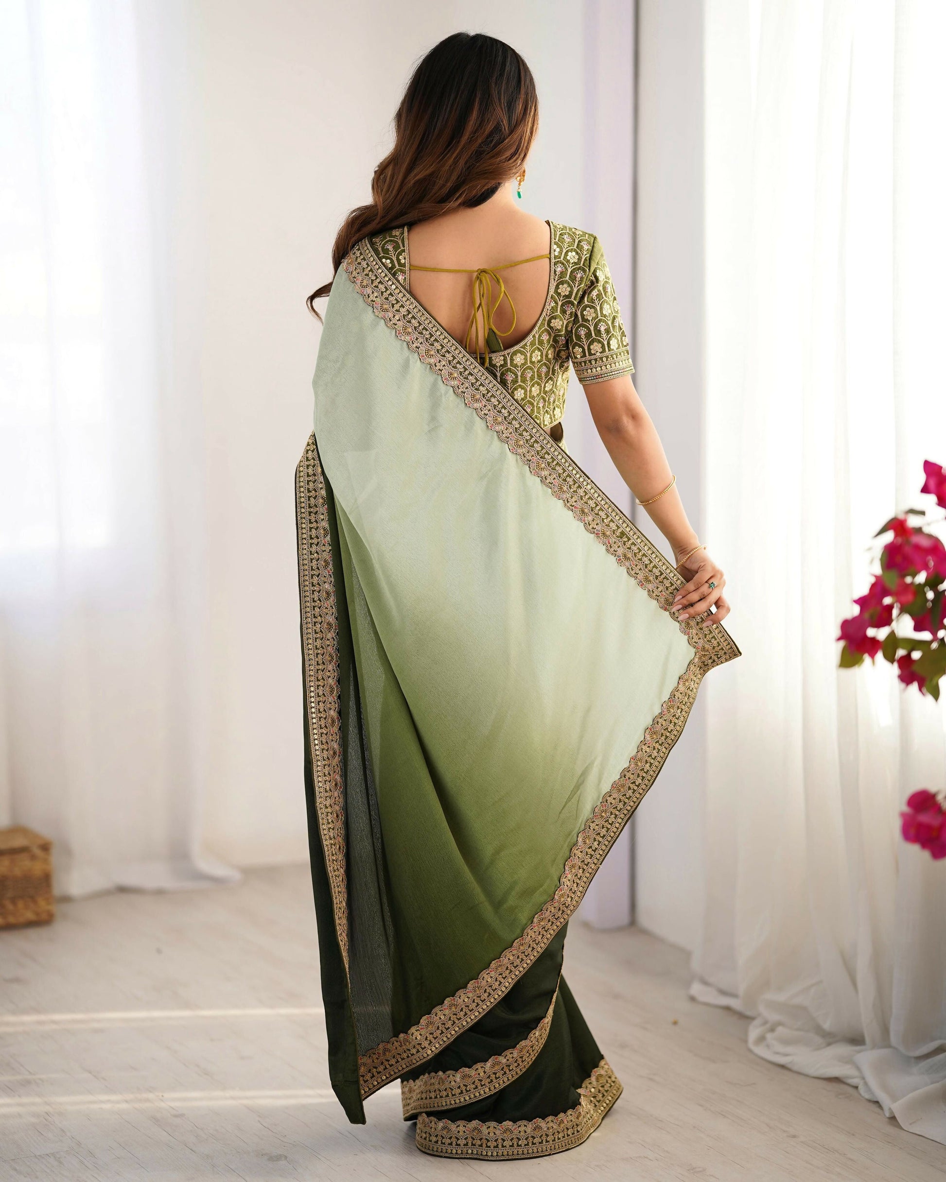 Exclusive Collection Pista Green Party Wear Chinon Salk Saree - Swadesiicart