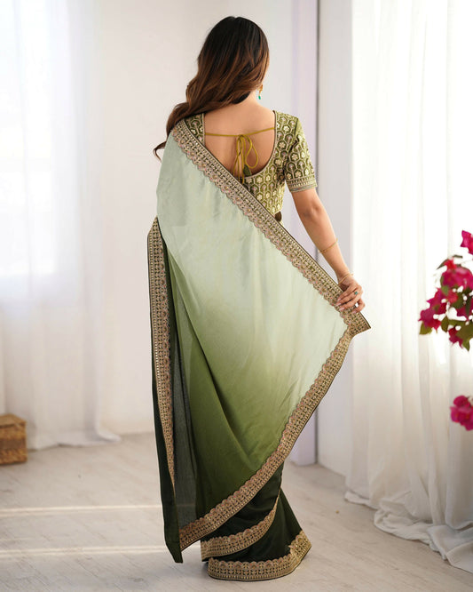 Exclusive Collection Pista Green Party Wear Chinon Salk Saree - Swadesiicart